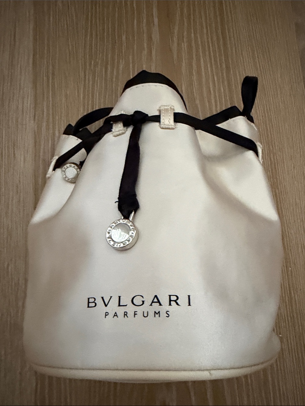 New Bvlgari Ladies’ Pouch Cream and Black Drawstring Bucket Bag